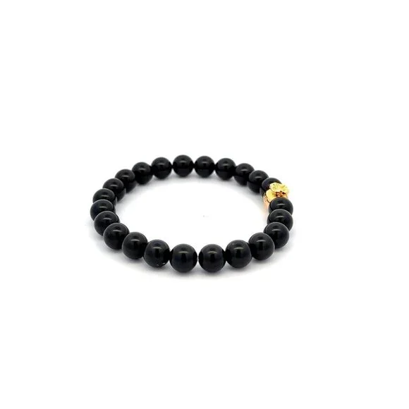 18K Gold Charm Bracelet Natural Black Tourmaline Gemstones 6mm Money Bag - Picture 3 of 5